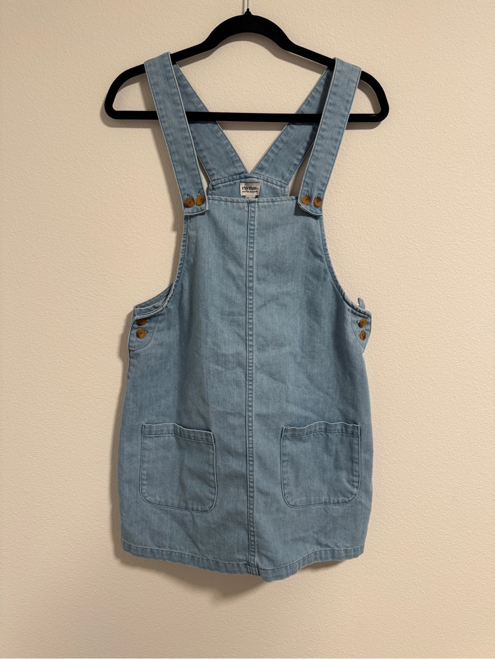 rhythm. Blue Denim Pinafore Overall Women’s Dress Short Square Neck Pockets M